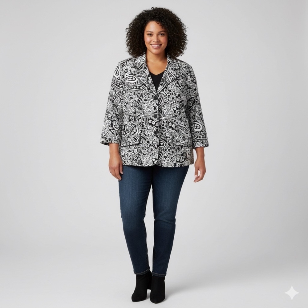 Alexandra Bartlett Women Vintage Cotton Blend Blazer Black White Flower Sz 22W